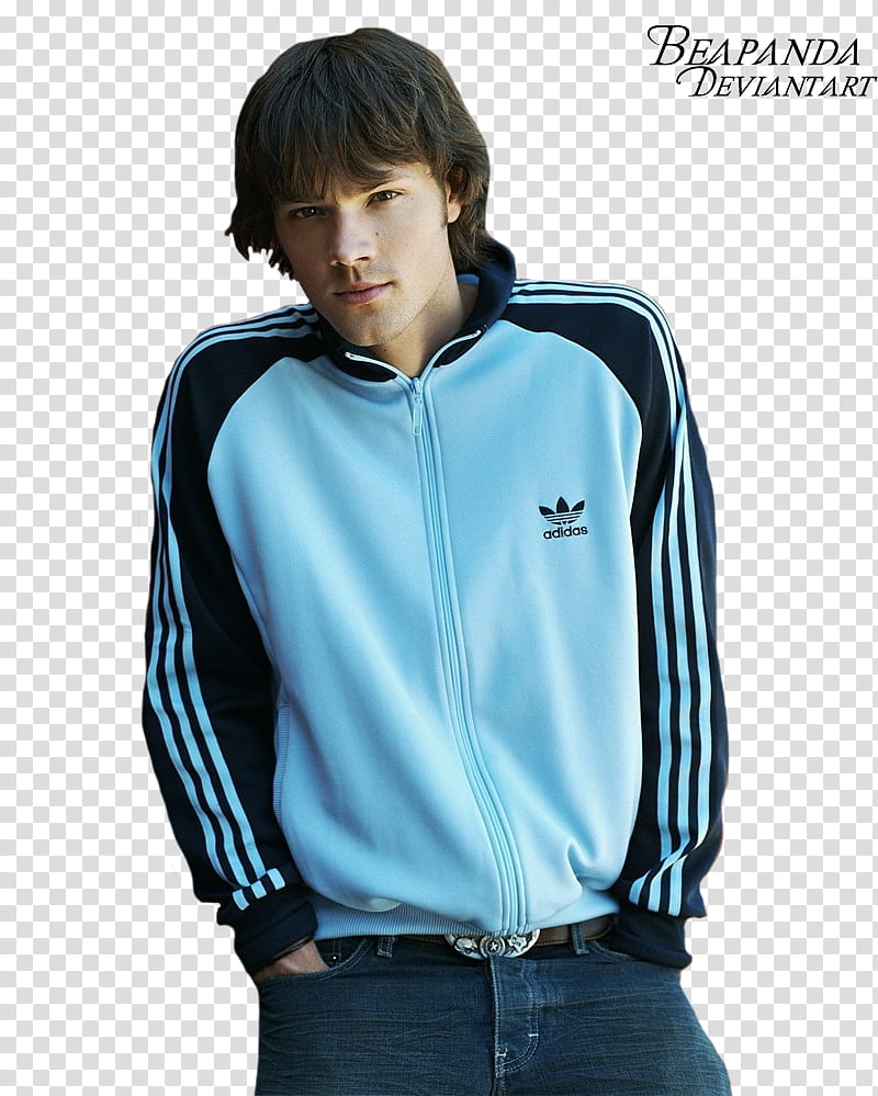 Jared Padalecki, man wearing blue and black adidas zip-up jacket posing for a transparent background PNG clipart