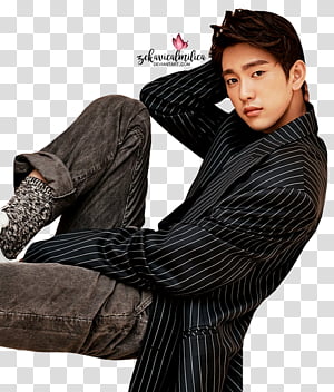 GOT7 Jinyoung Harper s BAZAAR, man wearing black and white pinstripe coat transparent background PNG clipart thumbnail