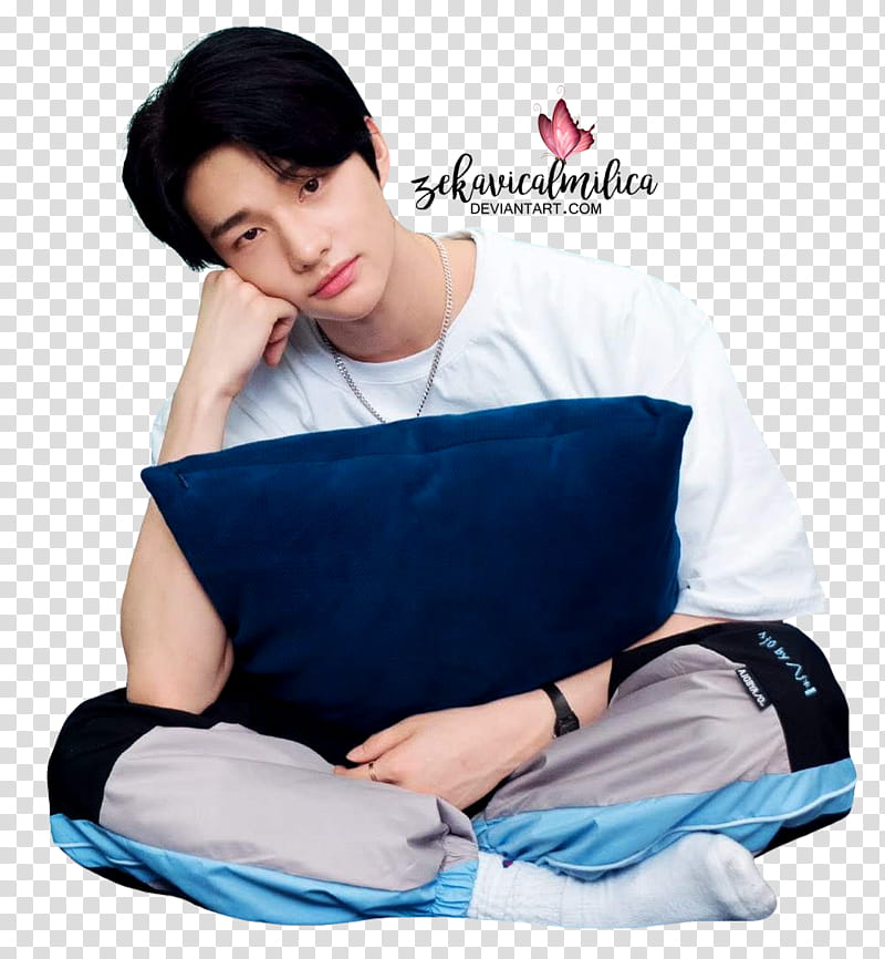 Stray Kids Two Kids Room, man sitting with blue pillow on lap transparent background PNG clipart