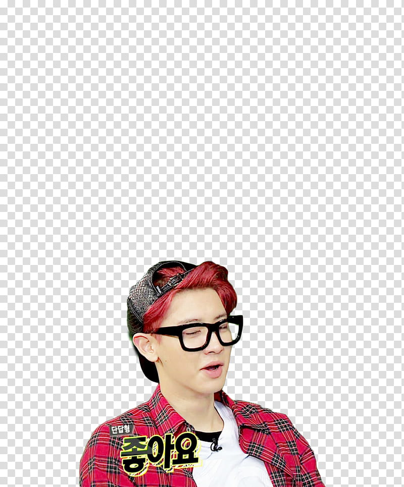 Chanyeol, man wearing white crew-neck shirt and red-and-black plaid dress shirt transparent background PNG clipart