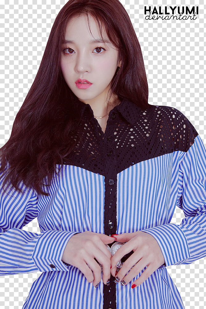 G I DLE, woman in blue and black striped long-sleeved top transparent background PNG clipart