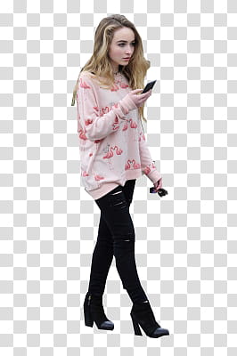 Sabrina Carpenter, woman walking near blue surface while using smartphone transparent background PNG clipart
