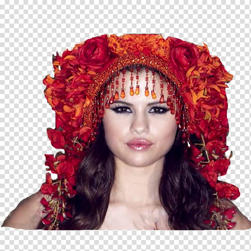 Selena Gomez, woman wearing red floral headdress transparent background PNG clipart