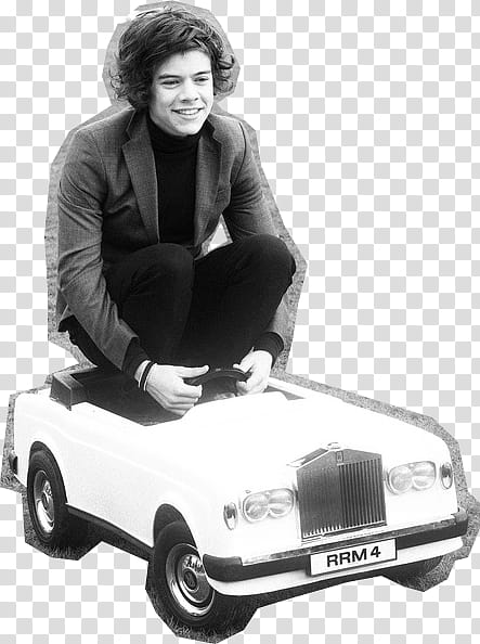 Harry Styles One Thing shoot, Harry Style riding on car ride-on toy transparent background PNG clipart