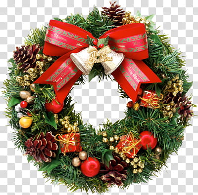 Christmas, green and red Christmas wreath transparent background PNG clipart