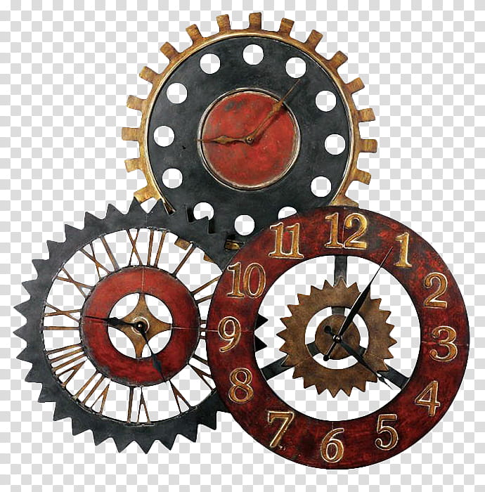 Steampunk Clocks  s, three round analog wall clocks transparent background PNG clipart