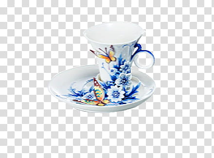 blue-and-white floral ceramic mug and saucer set transparent background PNG clipart