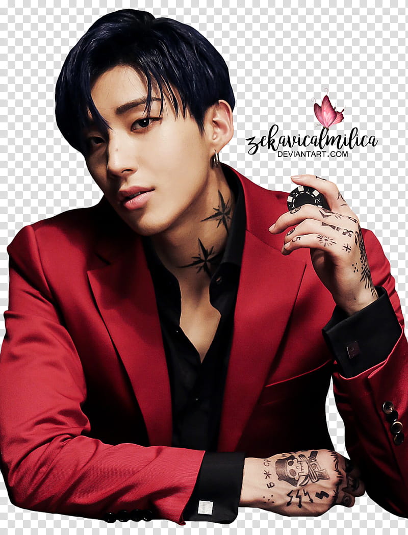 B A P Jongup Noir, male with tattoos holding poker chip transparent background PNG clipart