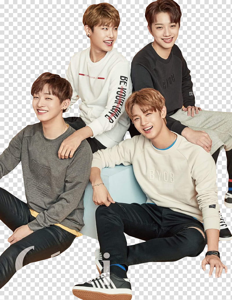 WANNA ONE, four smiling men taking groupie transparent background PNG clipart