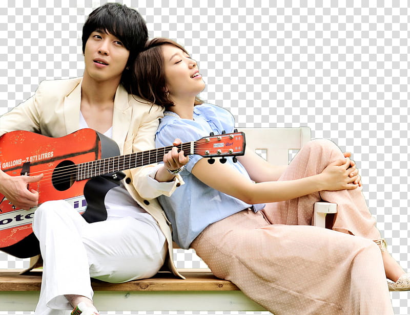 YongShin Heartstrings, man playing red single-cutaway acoustic guitar transparent background PNG clipart