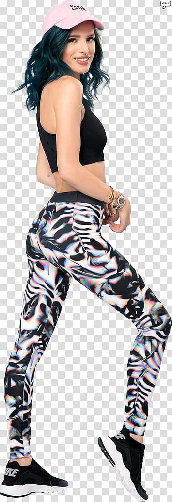 Bella Thorne, woman in white and black leopard print leggings wearing black shoes transparent background PNG clipart