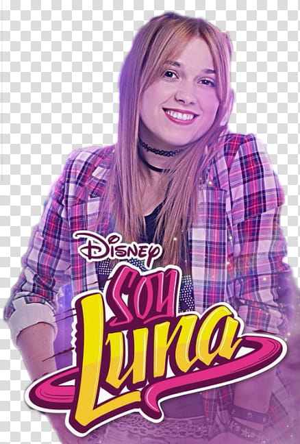 Soy Luna, standing woman wearing white, red, and black plaid sport shirt and Disney Soy Luna logo transparent background PNG clipart
