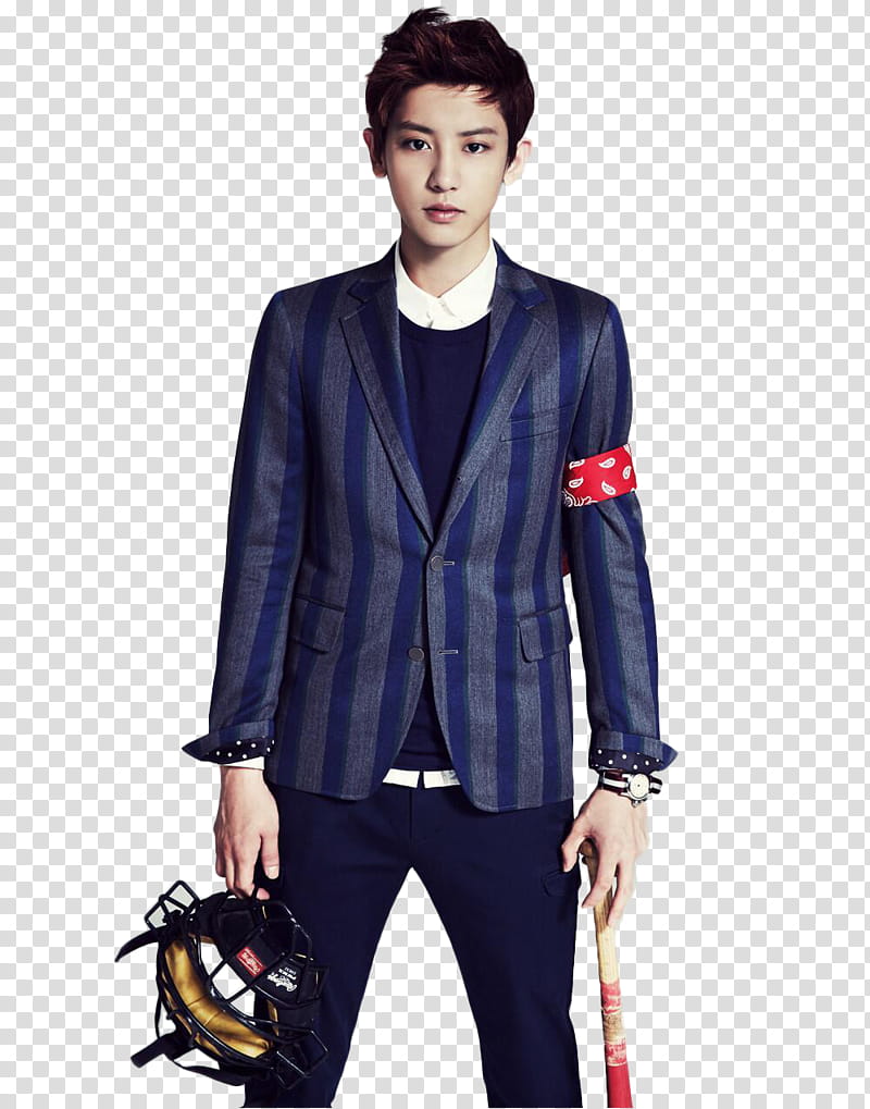 Render EXO for  Season Greet , man wearing blue striped suit jacket transparent background PNG clipart
