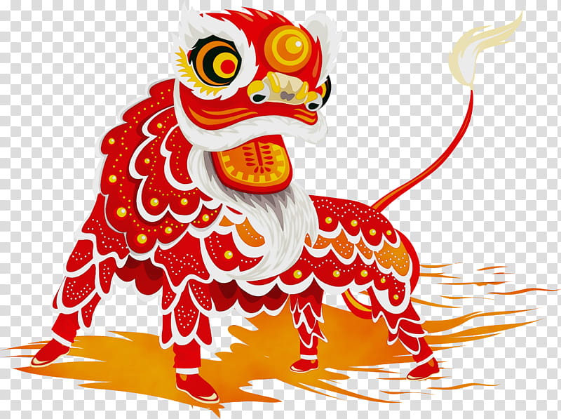 Chinese New Year Lion Dance, Watercolor, Paint, Wet Ink, Chinoiserie, 2019, Red, Festival transparent background PNG clipart