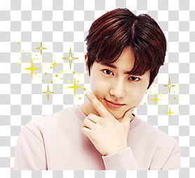 EXO LINE STICKERS, man wearing crew-neck long-sleeved top making check sign on chin transparent background PNG clipart