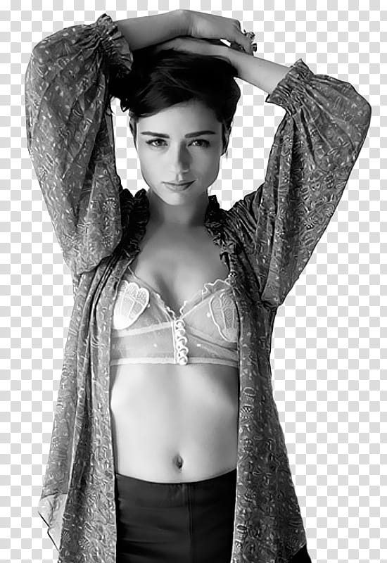 Crystal Reed, greyscale of woman in grey cardigan with white brassiere putting both hands overhead transparent background PNG clipart