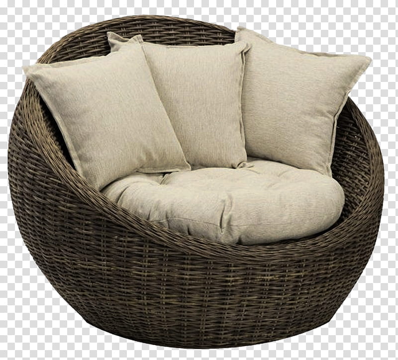 Basket Chair , brown wicker chair with pillows and pad transparent background PNG clipart