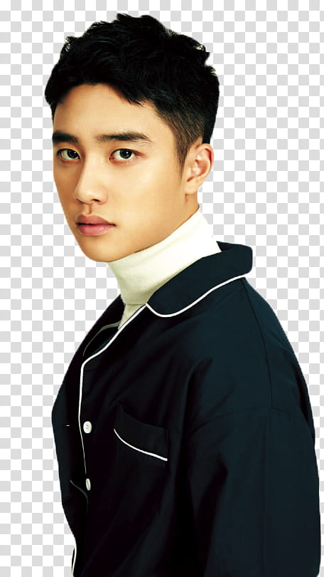 D O EXO S, man wearing white turtleneck top and black coat transparent background PNG clipart