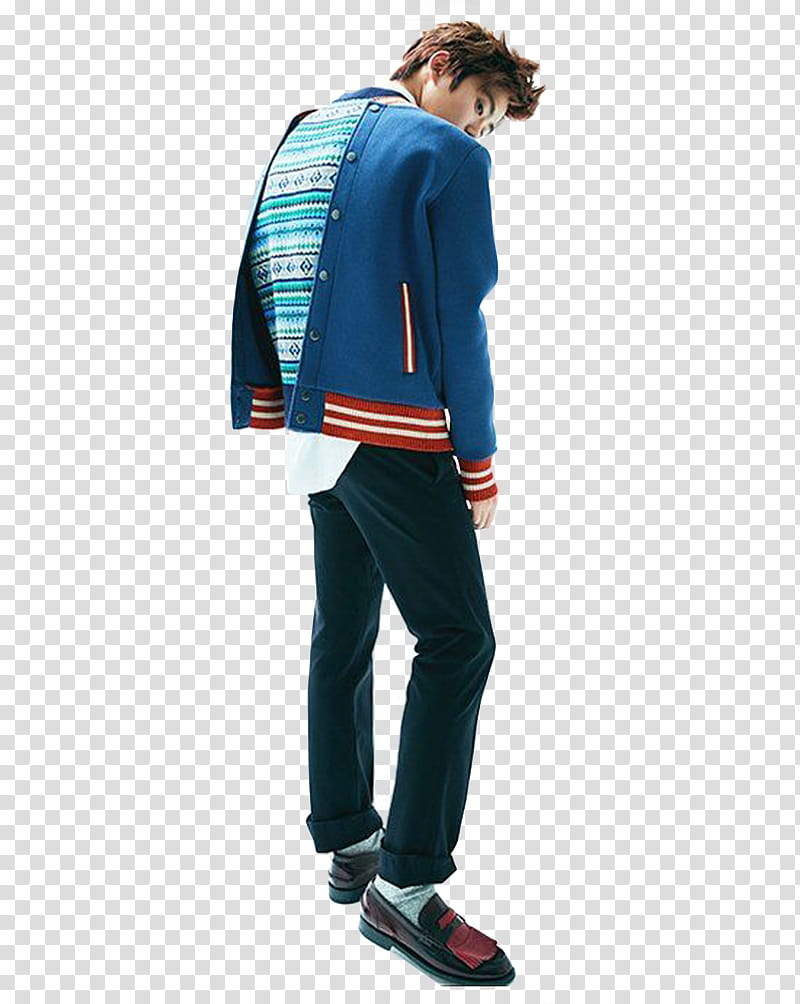 JAEHYUN NCT VOGUE Korea December , man in blue button-up letterman jacket and pants transparent background PNG clipart