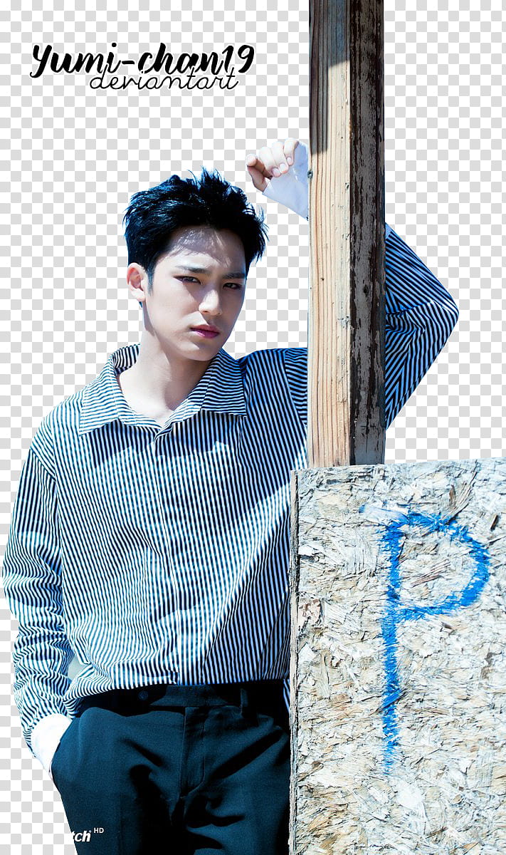 Mingyu SEVENTEEN, man in blue and white striped dress shirt transparent background PNG clipart