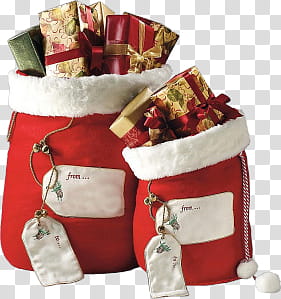 CHRISTMAS MEGA, red-and-white Christmas sacks full of presents transparent background PNG clipart