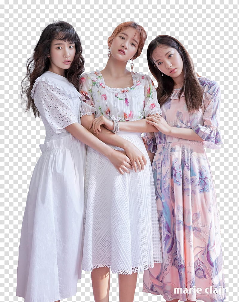 WJSN Cosmic Girls for Marie Claire, three women wearing dresses transparent background PNG clipart