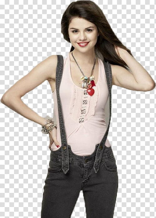 Selena Gomez in a gray denim overall transparent background PNG clipart