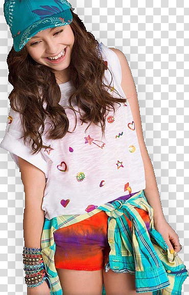 Karol Sevilla Soy Luna, standing woman wearing white and multicolored cap-sleeved top and teal fitted cap transparent background PNG clipart
