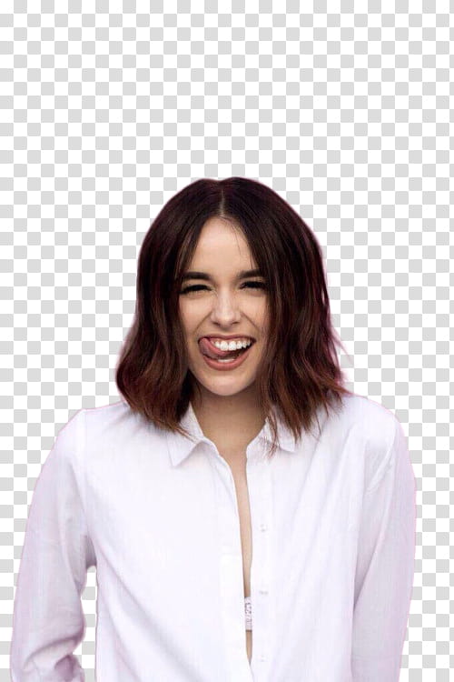 ACACIA BRINLEY, woman wearing white collared button-up long-sleeved shirt standing and laughing while showing tongue out transparent background PNG clipart
