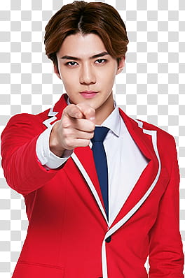 EXO KFC CHINA, man wearing red suit jacket pointing forward transparent background PNG clipart