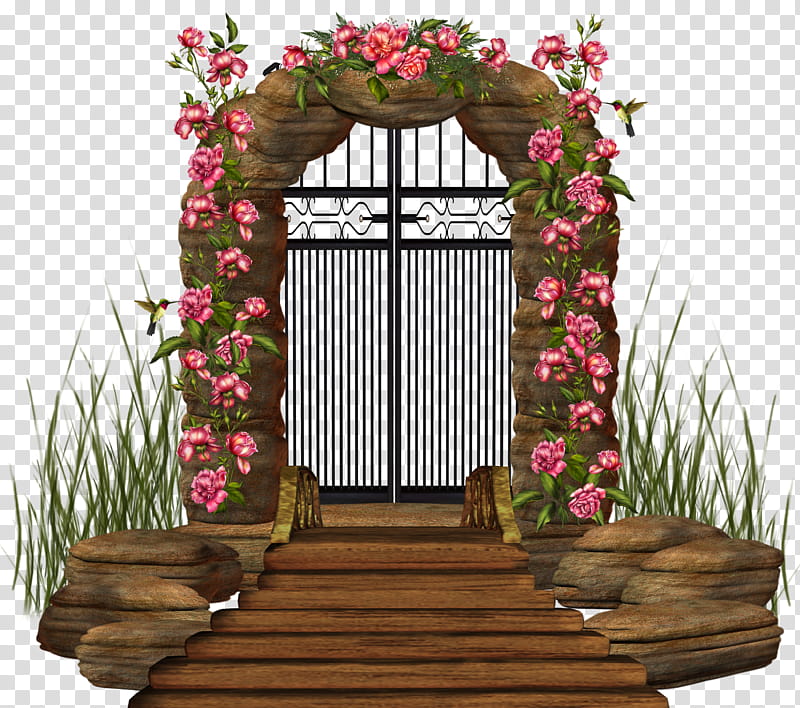 Entrada , pink flower arch and black gate transparent background PNG clipart