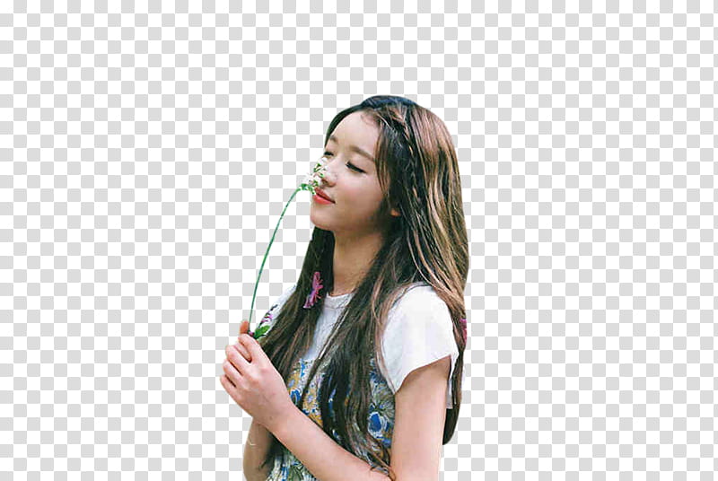 Oh My Girl, woman smelling flower in white shirt transparent background PNG clipart