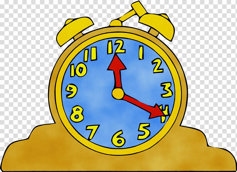 yellow clock alarm clock cartoon circle, Watercolor, Paint, Wet Ink, Line, Number transparent background PNG clipart