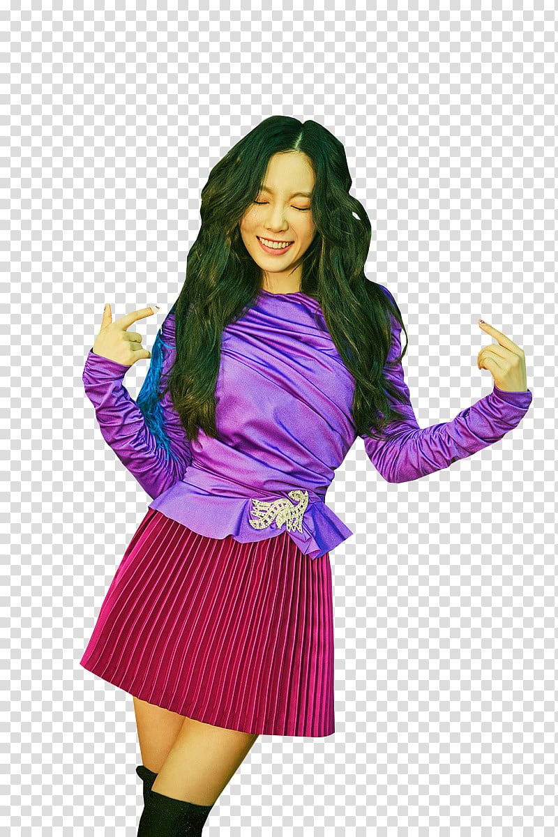 TAEYEON SNSD HOLIDAY NIGHT , smiling woman wearing purple long-sleeved shirt and pink pleated skirt transparent background PNG clipart