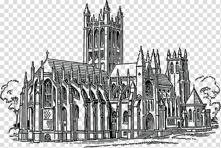 Church, Gothic Architecture, Cathedral, Building, Drawing, Medieval Architecture, Black And White
, Place Of Worship transparent background PNG clipart
