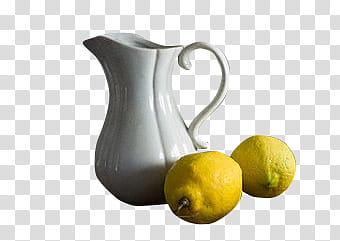 two yellow lemons beside white pitcher transparent background PNG clipart