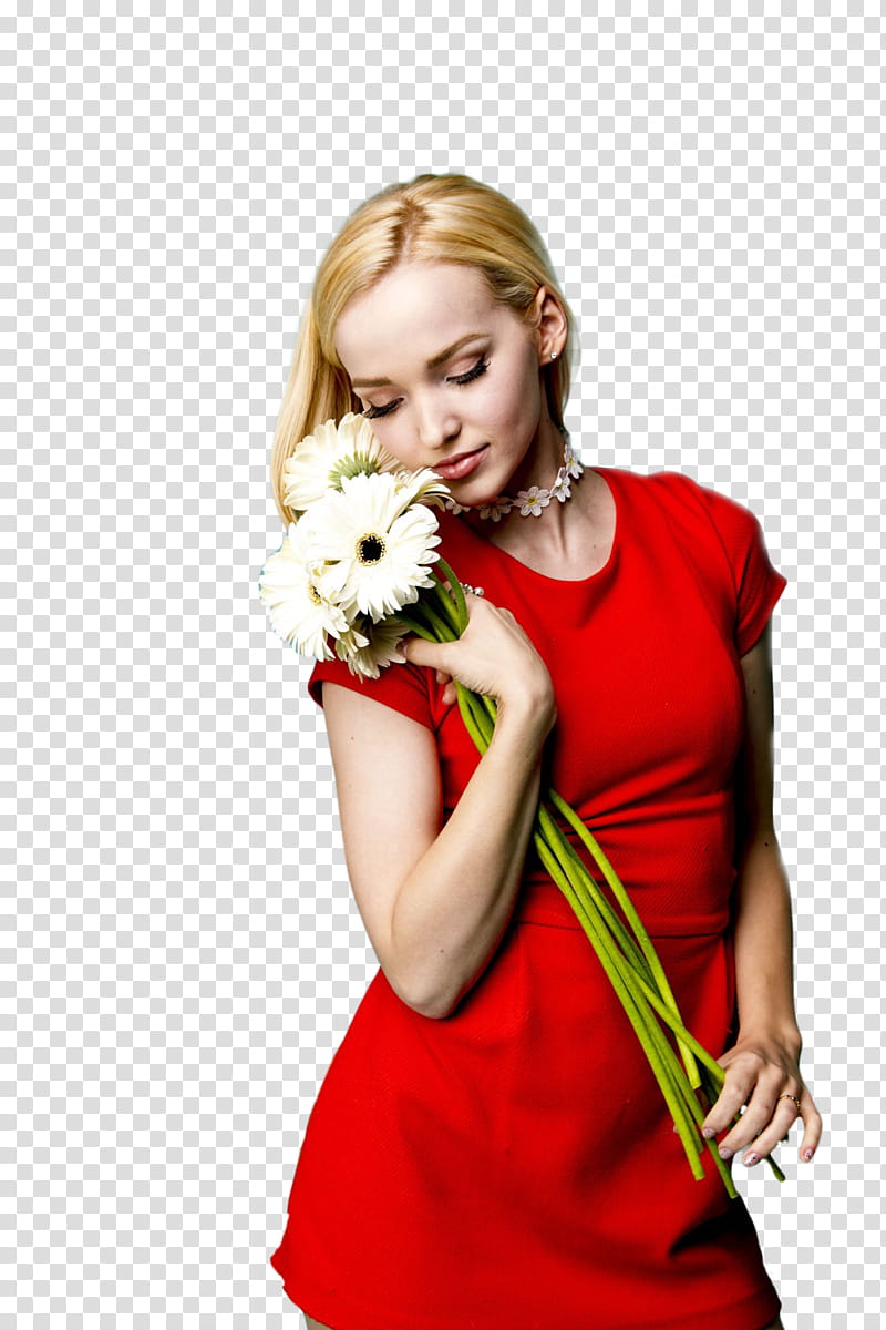 Dove Cameron, woman holding white flowers transparent background PNG clipart