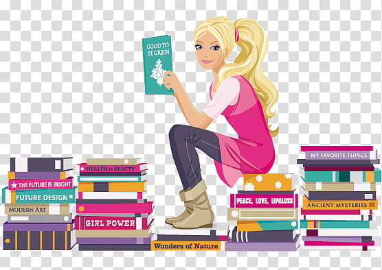 barbie, woman sitting on books while reading transparent background PNG clipart