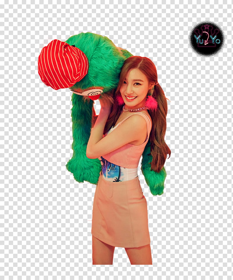 SNSD HOLIDAY, woman carrying green and red plush toy transparent background PNG clipart
