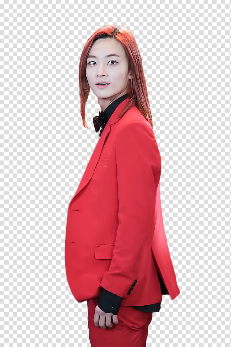 Jeonghan Seventeen, man wearing red blazer standing transparent background PNG clipart