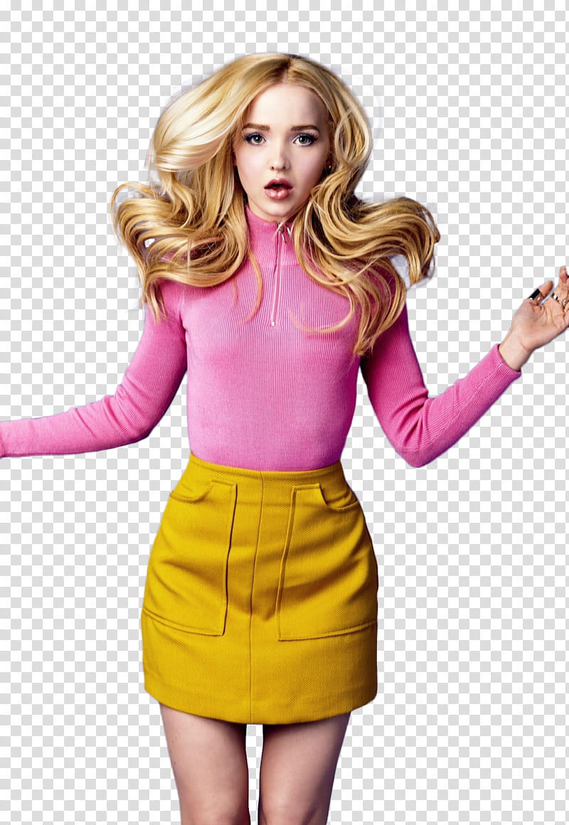 Dove Cameron, girl wearing pink long-sleeved sweater and yellow miniskirt transparent background PNG clipart