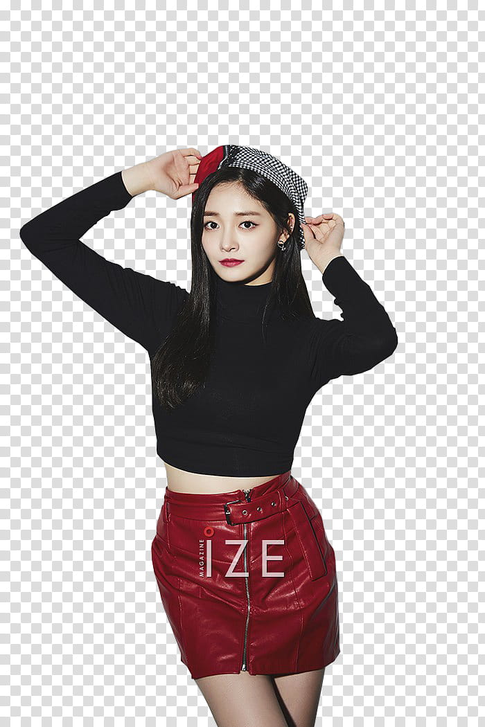 woman wearing black long-sleeved crop top and red leather mini skirt transparent background PNG clipart