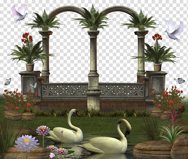 medieval structure , D of two white swans on a garden's pond transparent background PNG clipart