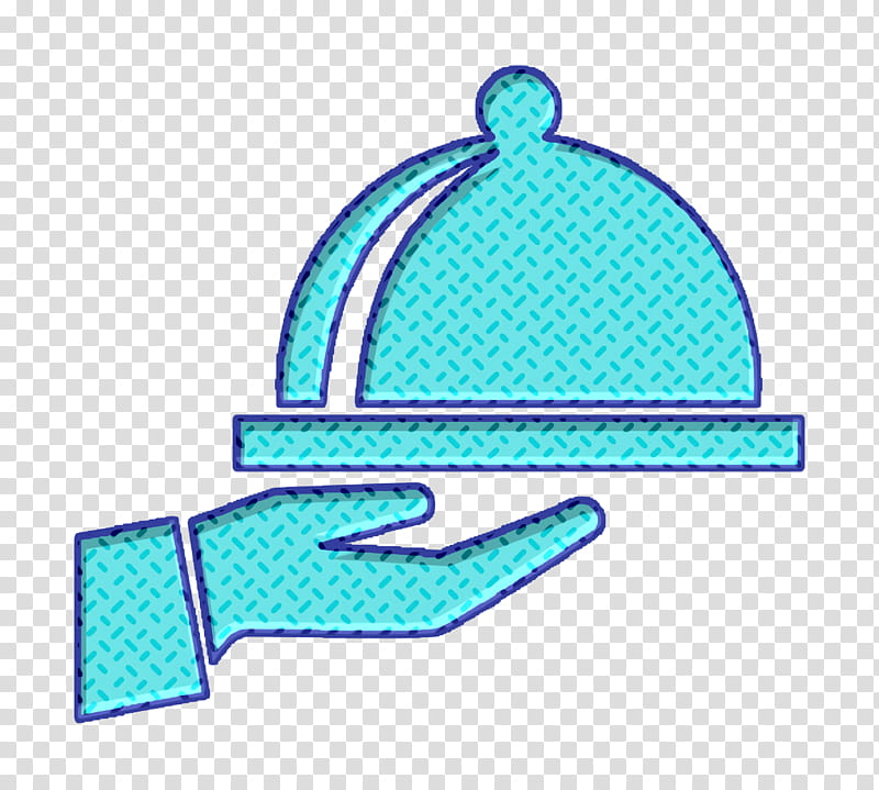 food icon Covered food tray on a hand of hotel room service icon Kitchen icon, Aqua, Turquoise, Azure, Line, Headgear, Electric Blue transparent background PNG clipart