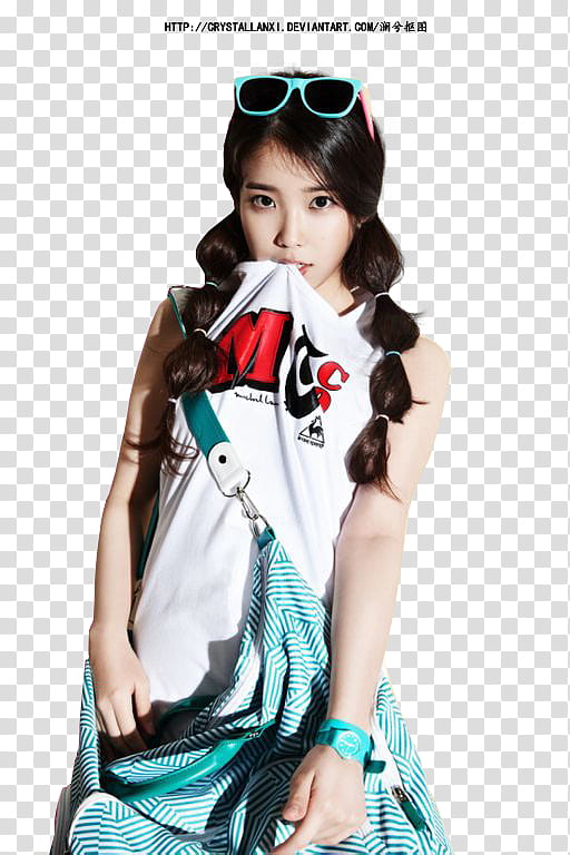 IU Lee Ji Eun wearing white and red tank top standing transparent background PNG clipart