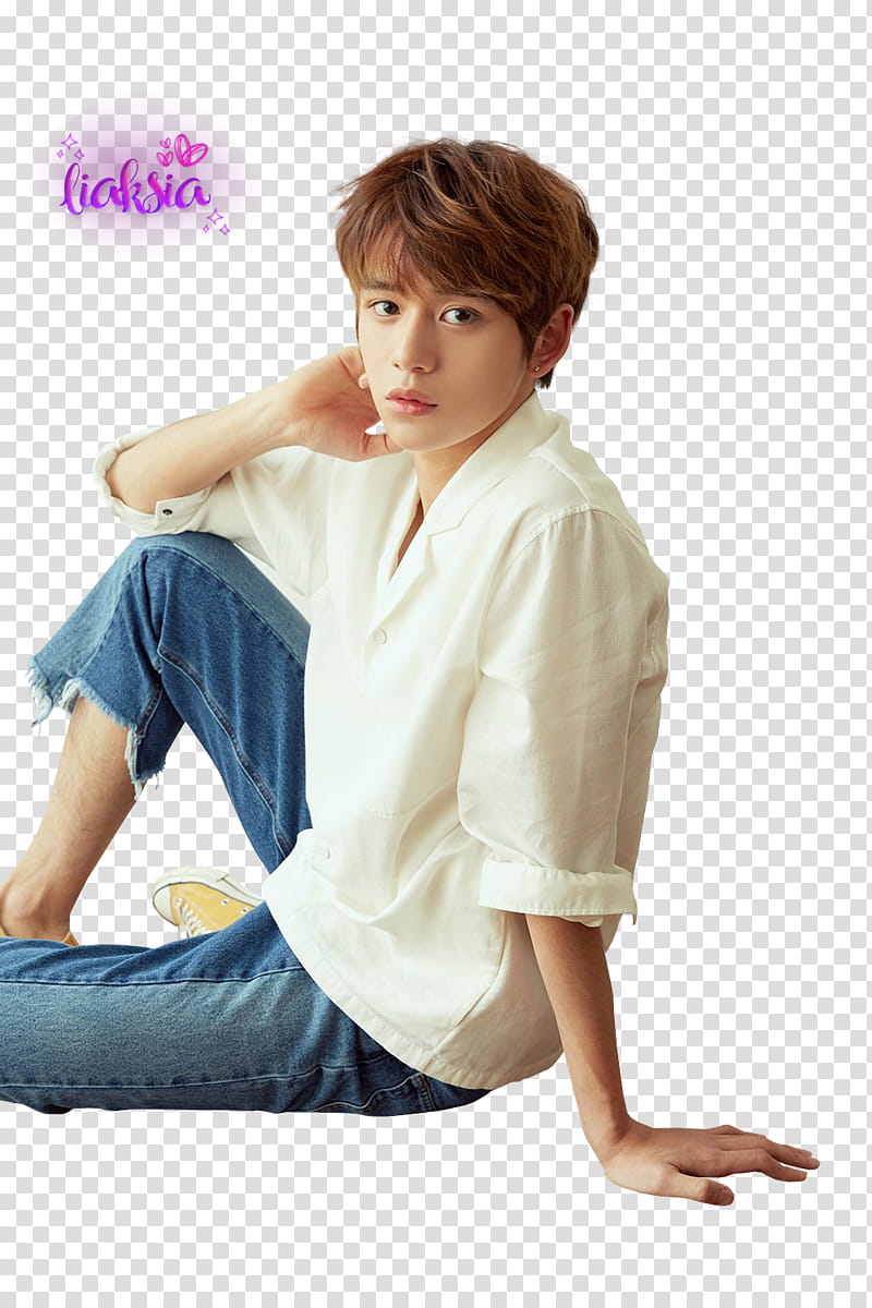 NCT Lucas , man sitting while holding neck transparent background PNG clipart