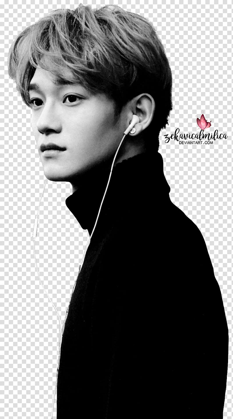 EXO Chen Die Jungs, man wearing white earphones and black cowl-neck sweatshirt transparent background PNG clipart