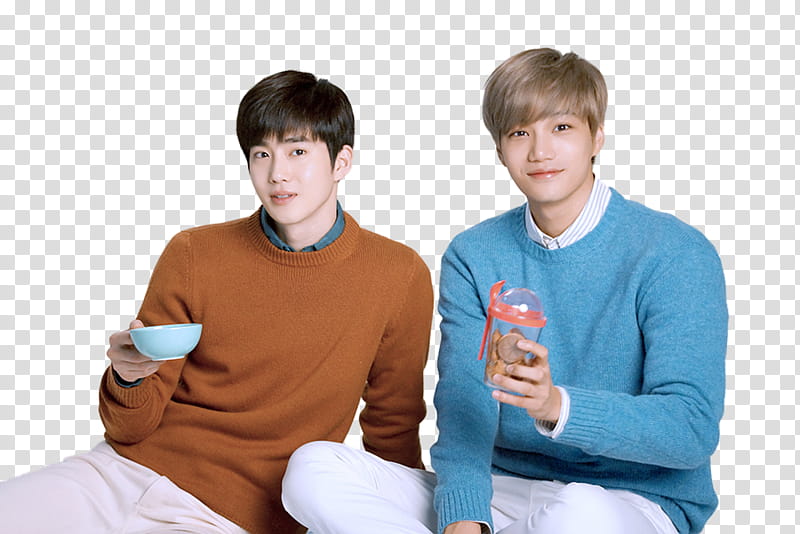 Exo Lotte Duty Free P, two men holding drinking cups transparent background PNG clipart