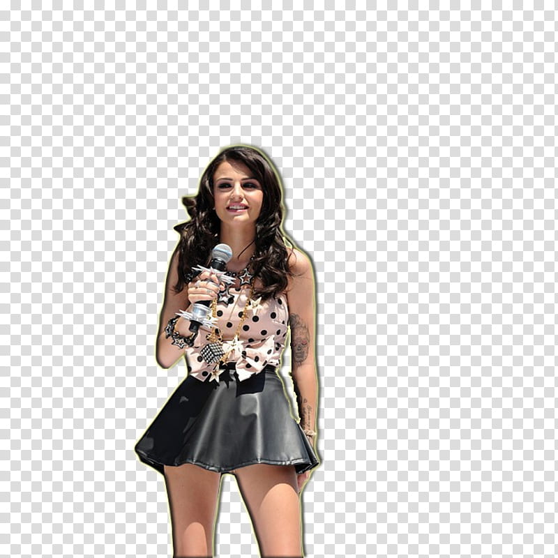 Cher Lloyd, women's pink and black polka-dot top and black miniskirt transparent background PNG clipart
