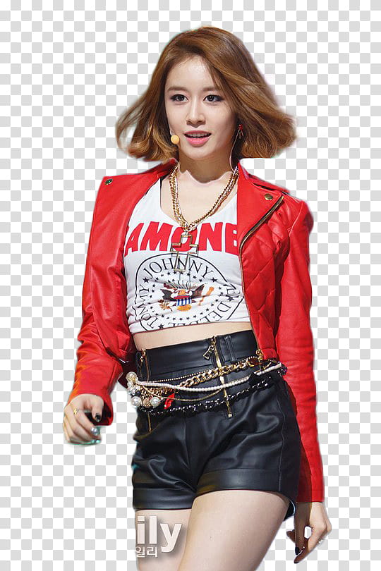 JiYeon on Stage, woman in red leather jacket and black shorts smiling transparent background PNG clipart